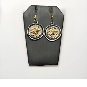 Silver And Gold Toned Vintage Style Mandala Disc Drop Earrings.
